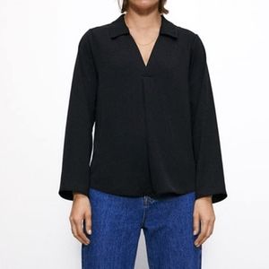 Zara Black V-Neck Collared Blouse Size M